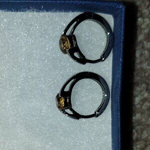 Dark Metal Hoop Earrings with Citrine / Yellow Topaz–Colored Stone